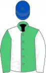 Emerald green and white (halved), sleeves reversed, royal blue cap