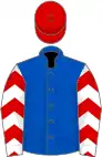Royal blue, white sleeves, red chevrons, red cap