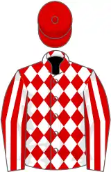 White and red diamonds, striped sleeves, red cap