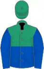 Emerald Green and Royal Blue (halved horizontally), Blue sleeves, Emerald Green cap