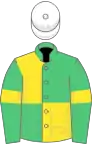 Emerald green and yellow quartered, em green sleeves, yellow armlet, white cap