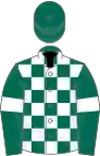 Dark green and white check, dark green sleeves, white armlets, dark green cap