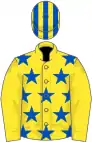 Yellow, royal blue stars on body, striped cap