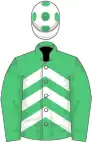 EMERALD GREEN and WHITE CHEVRONS, emerald green sleeves, white cap, emerald green spots