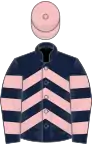 Dark blue, pink chevrons, hooped sleeves, pink cap