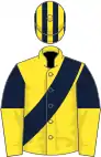 Yellow, dark blue sash, dark blue and yellow halved sleeves, striped cap