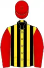 Yellow and black stripes, red sleeves and cap