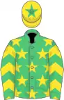 Emerald green, yellow stars, yellow and emerald green chevrons on sleeves, yellow cap, emerald green star