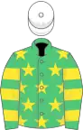 Emerald green, yellow stars, hooped sleeves, white cap