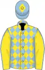 Yellow, light blue diamonds, light blue seams on sleeves, light blue cap, yellow diamond