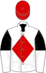WHITE, red diamond, black and white halved sleeves, red cap
