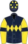 Dark blue, yellow triple diamond, yellow sleeves, dark blue armlets, dark blue cap, yellow diamonds