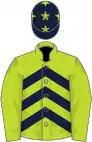 Lime green, dark blue chevrons, lime green sleeves, dark blue cap, lime green stars