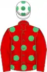 Red, emerald green spots, red sleeves, white cap, emerald green spots