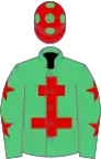 EMERALD GREEN,red cross of lorraine,green slvs,red stars,red cap,green spots