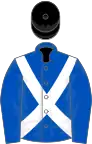 Royal blue, white cross sashes, black cap