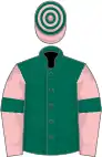 Dark green, pink sleeves, dark green armlets, hooped cap
