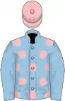 Light blue, pink spots, light blue sleeves, pink cap