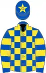Royal blue and yellow check, hooped sleeves, blue cap, yellow star