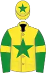 Yellow, green star, green sleeves, yellow armlets, yellow cap, green star