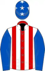 Racing silks with blue sleeves and a red-and-white-striped torso, a blue cap with stars
