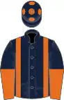 Dark blue, orange braces, halved sleeves, orange spots on cap