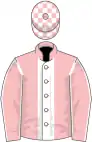 Pink, white stripe, pink sleeves, white seams, check cap
