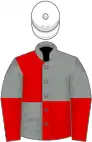 Grey and red (quartered), halved sleeves, white cap