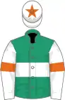 Emerald green, white hoop, white sleeves, orange armlets and star on white cap