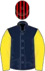 Dark blue, yellow sleeves, red and black striped cap