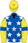 Royal blue, white stars, yellow sleeves, royal blue armlets, yellow cap