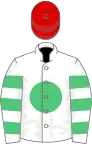 White, emerald green disc, white and emerald green hooped sleeves, red cap