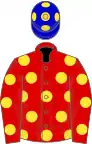 Red, yellow spots, blue cap, yellow spots