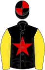 BLACK, red star, yellow sleeves, black and red quartered cap