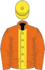 Orange, yellow stripe, orange sleeves, yellow cap