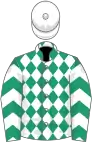 Emerald green and white diamonds, chevrons on sleeves, white cap