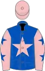 Royal blue, pink star, pink sleeves, blue stars, pink cap