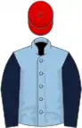 Light blue, dark blue sleeves, red cap