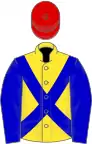 Yellow, blue cross-belts and sleeves, red cap