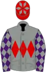 Grey, red triple diamond, purple sleeves, grey diamonds, red cap, grey diamonds