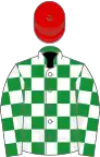 Green and white checked, red cap