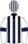 Dark blue and white stripes, white sleeves, blue armlets, striped cap