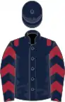 Dark blue, maroon epaulets, chevrons on sleeves