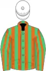 Emerald green and orange stripes, white cap