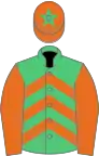 Emerald green and orange chevrons, orange sleeves, orange cap, emerald green star