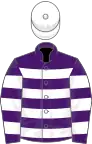 Purple and white hoops, white cap