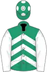 Emerald green and white chevrons, white sleeves, emerald green cap, white spots