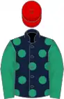 Dark blue, emerald green spots and sleeves, red cap