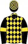 Black and yellow diamonds, black sleeves, yellow armlets, hooped cap