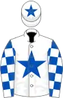 White, royal blue star on body and cap, check sleeves